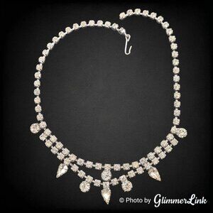 Vintage 1950s Clear Rhinestone Necklace Double Row Teardrop Rhodium Plated 15"